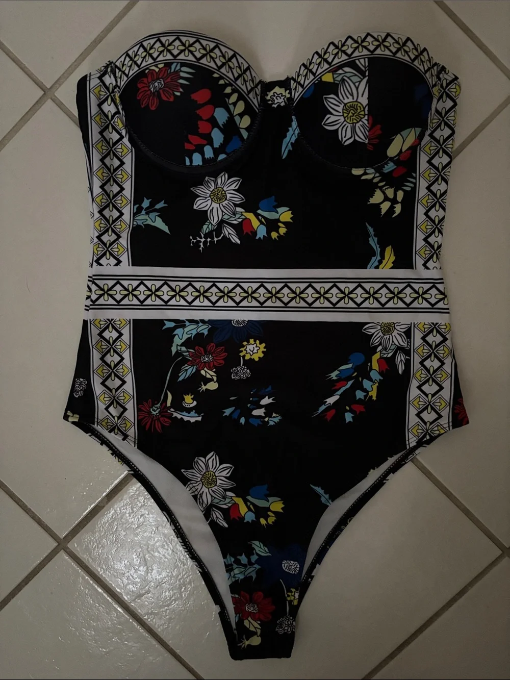 SHEIN Black Floral One-Piece Swimsuit with Contrast Trim